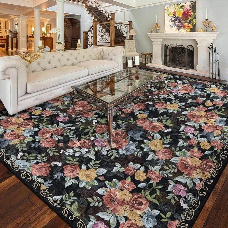 

Vintage Floral Print Pattern Living Room Carpet Foldable Machine Washable Sofa Coffee Table Non-slip Floor Mat Bedroom Soft Rug