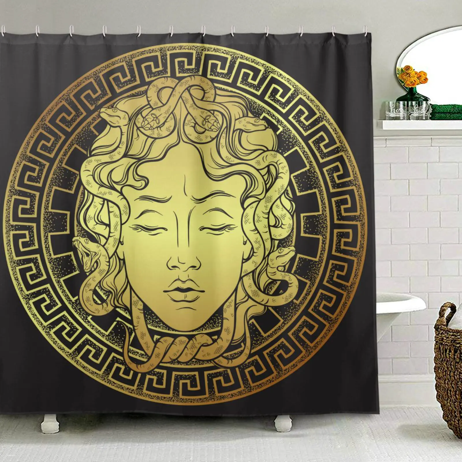 Gold Medusa Pattern Shower Curtain Waterproof Polyester Fabric Curtain For Bathroom With 12 Thicken Hooks Bath Bathtub Curtain