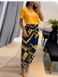 2024Summer Women Print Casual 2 Piece Set Fashion V Neck Top Cuffed Pants Sets Female Office Holiday Workwear Suit Sets 2023 New