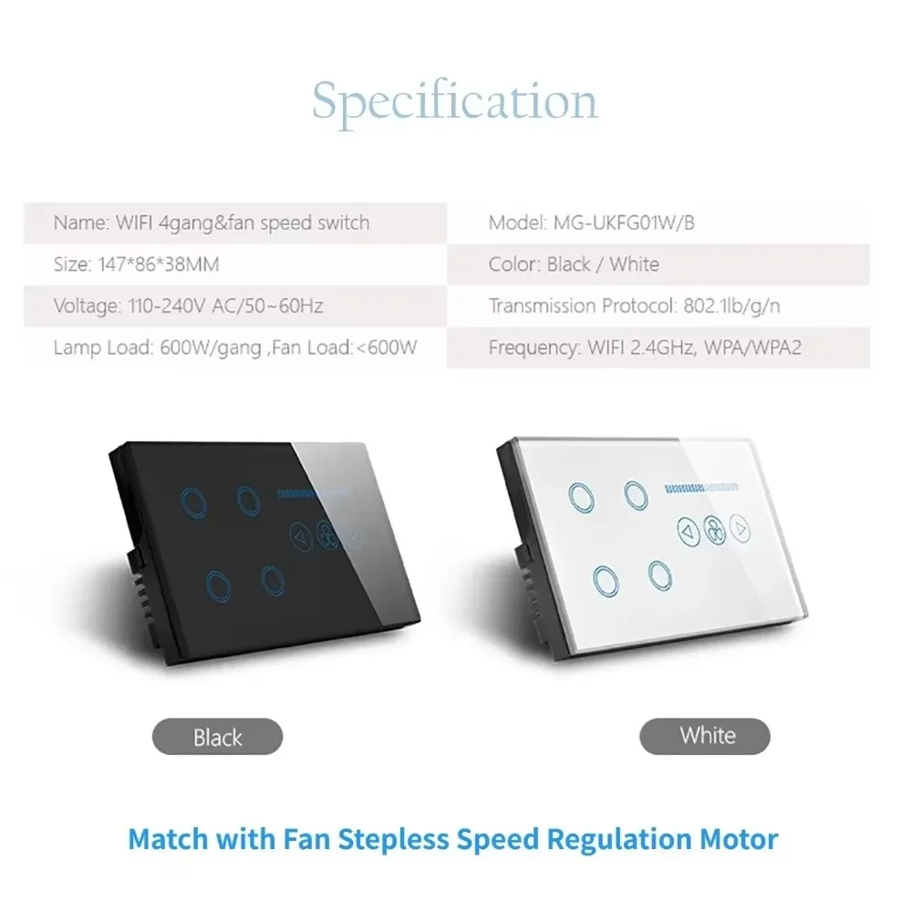 Melery Switch Fan Speed Interruptor Wifi Smart Tuya Light 4Gang  Glass Touch Sensor Panel Power Monitor Remote Alexa Google Home