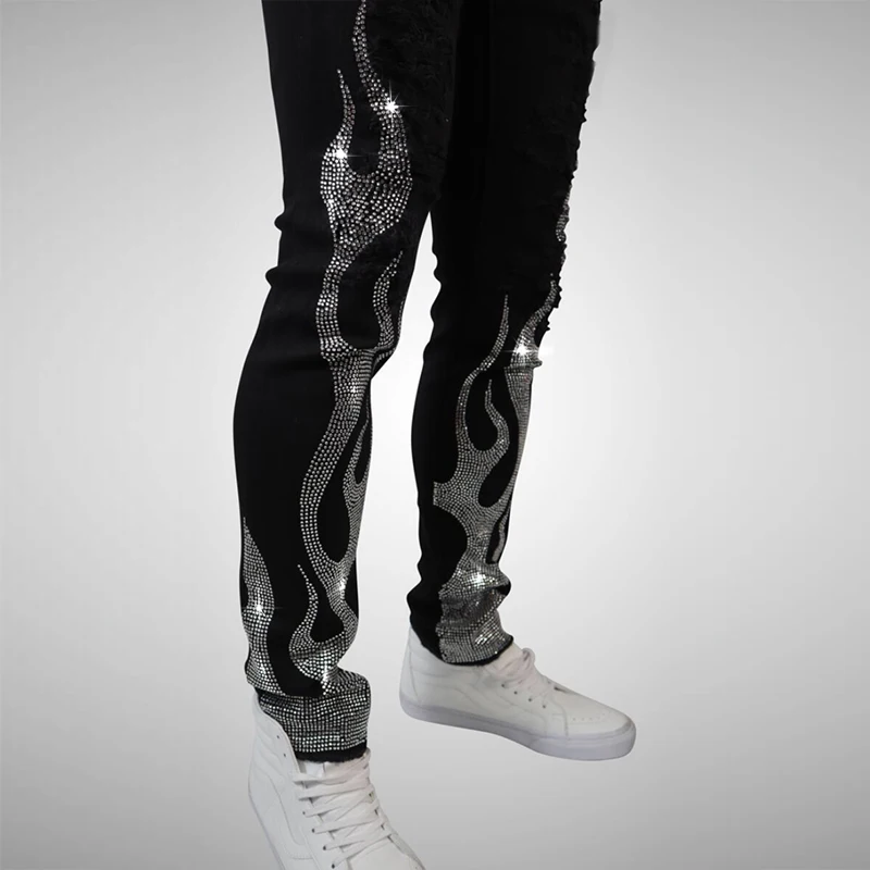 Man Y2k Rhinestone Denim Pencil Pants Men's Ripped Stretchy Black Jeans Skinny Slim Fit Hot Drill Punk Streetwear Biker Trousers