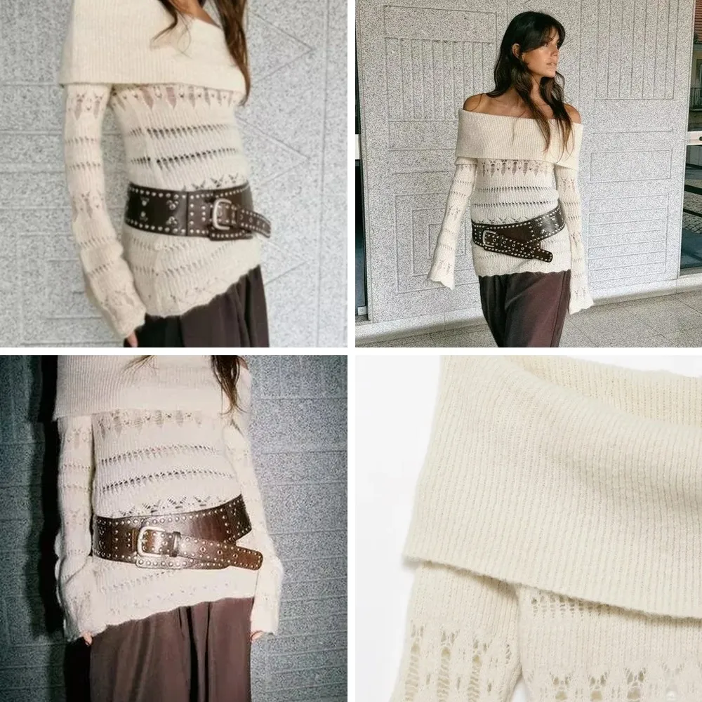 

Fashion Women's Solid Color Hollow Out Knit Sweater Long Sleeved Lace Up Pullover Casual Outwear