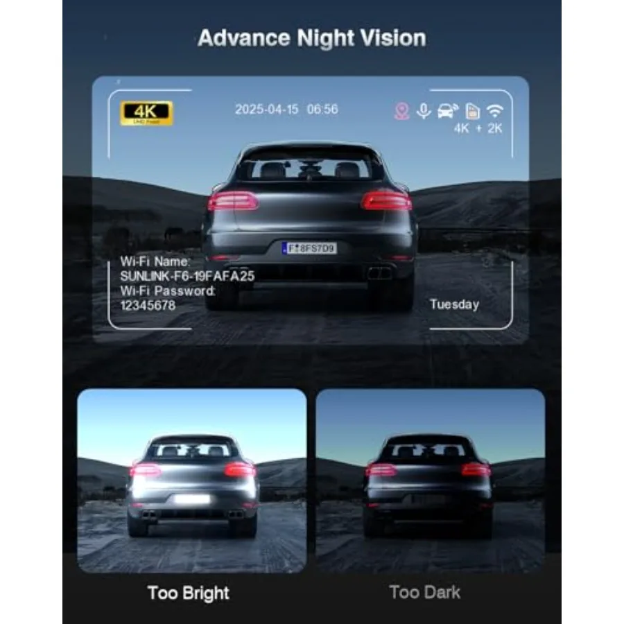 4K Dash Cam Front and Rear with GPS for cars, 160 wide angle, night vision, WDR, 24H parking monitor, emergency lock, 3 IPS scr view 3