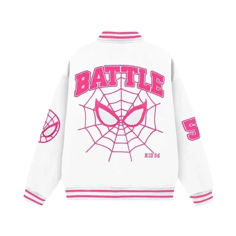 Spinne Uni Jacken Männer Stickerei Baseball jacke abnehmbare Hut gespleißt Pu Leder Ärmel Frühling Herbst Frauen Baseball mantel