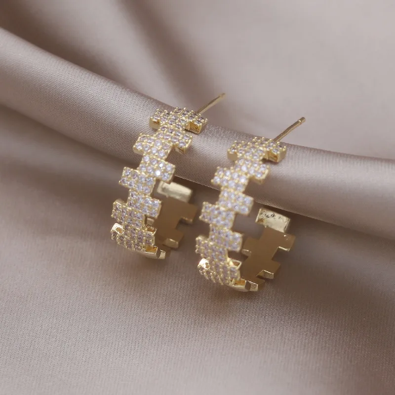 Korea New Design Fashion Jewelry 14K Gold Plated Geometric Zircon hoop Earrings Elegant Women's Daily Work Accessories