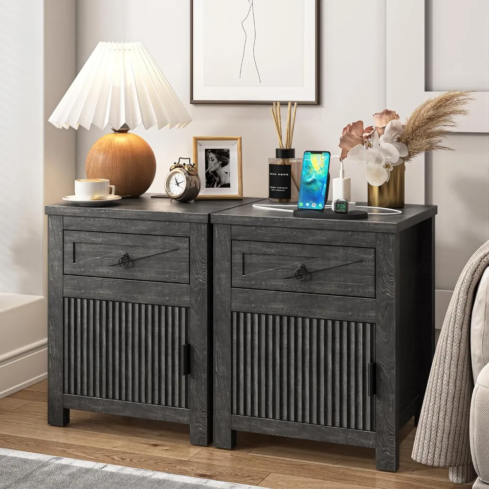 

Nightstands Set of 2, Fluted Nightstand with Charging Station, a Drawer, Bed Side Table End Table with Storage