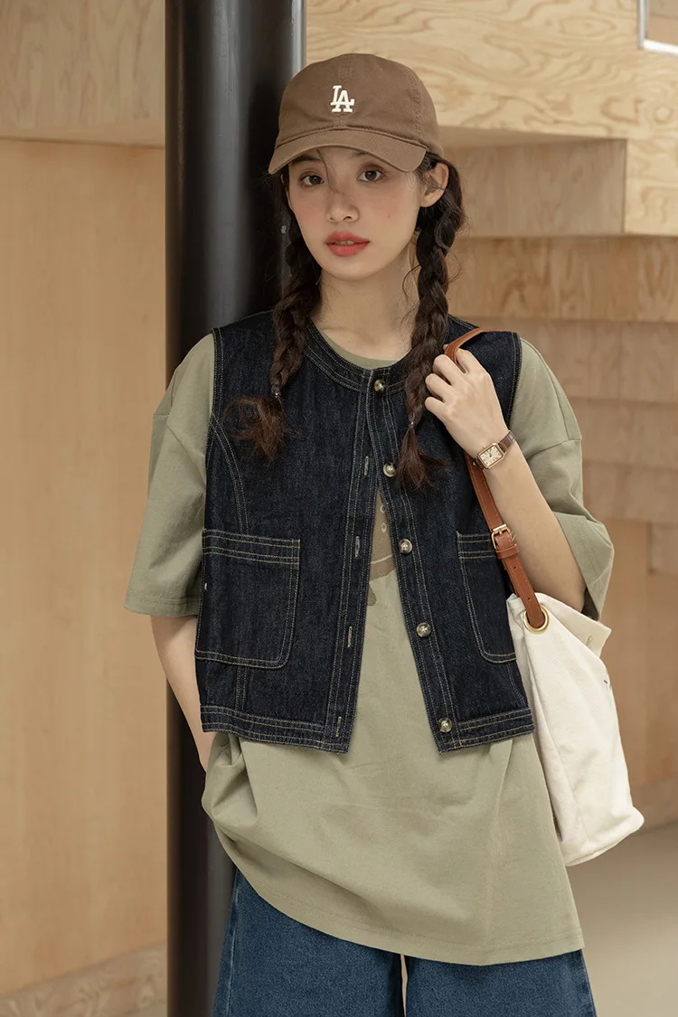 Japanese Retro Denim Vest for Women, Small, Versatile, Thin, Short, Stacked, Wearing, Top, Spring and Summer