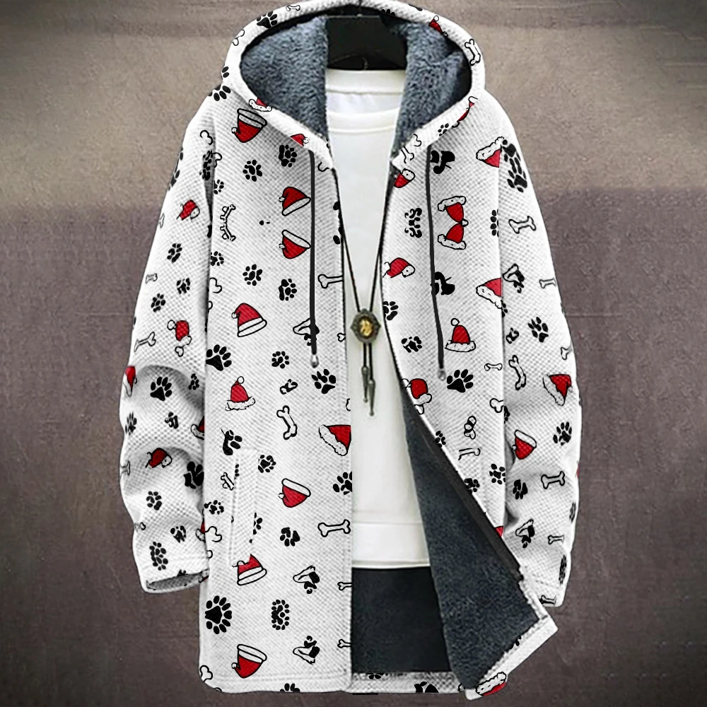 

Men Playful Pet-Inspired Hooded Coat Paw Print Bones Santa Hats Snowflakes Reindeer Cozy Fleece-Lined Jacket Holiday Festivities