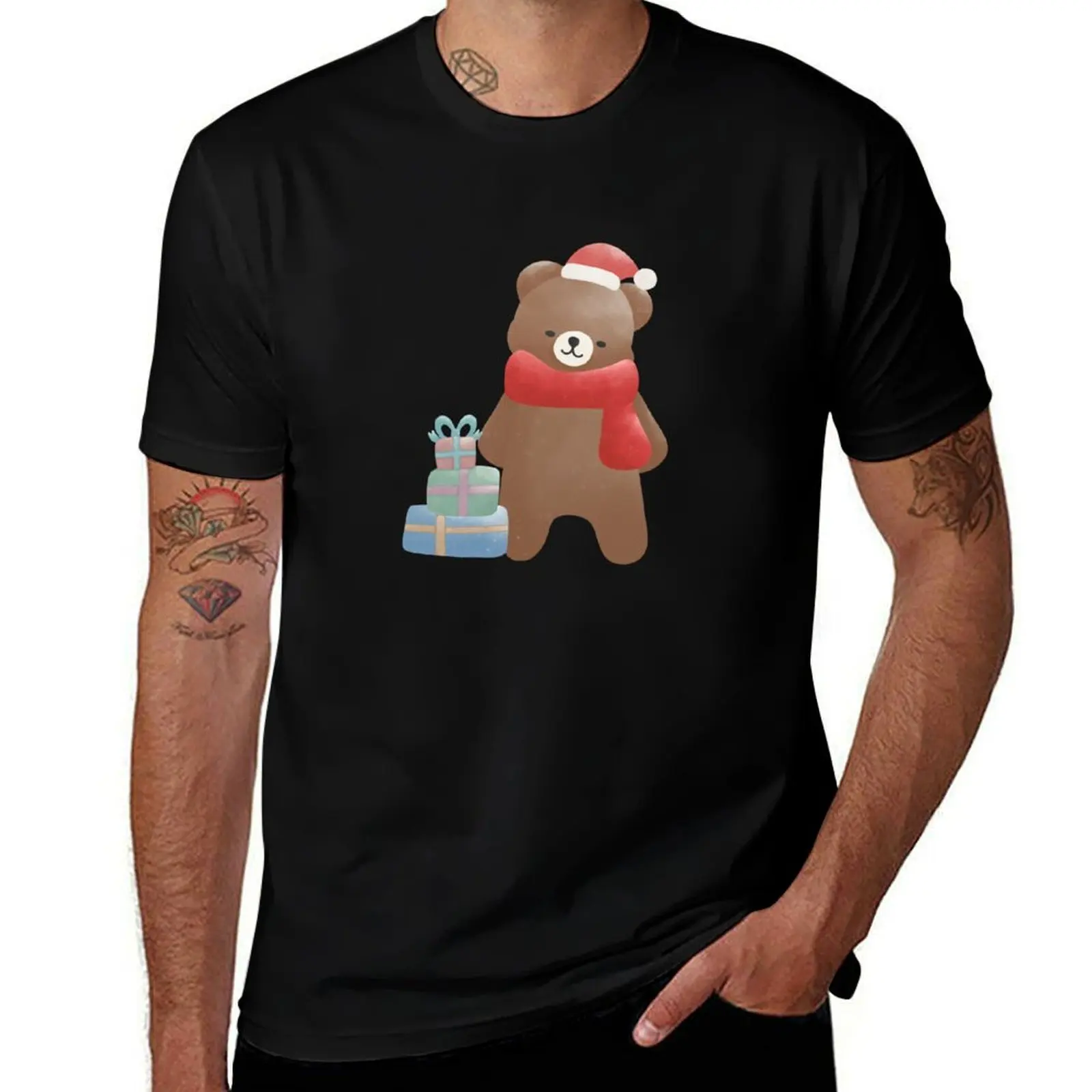 Cute Christmas Bear with Gifts Kawaii Winter Holiday Illustration T-Shirt Clothing plain men t shirt