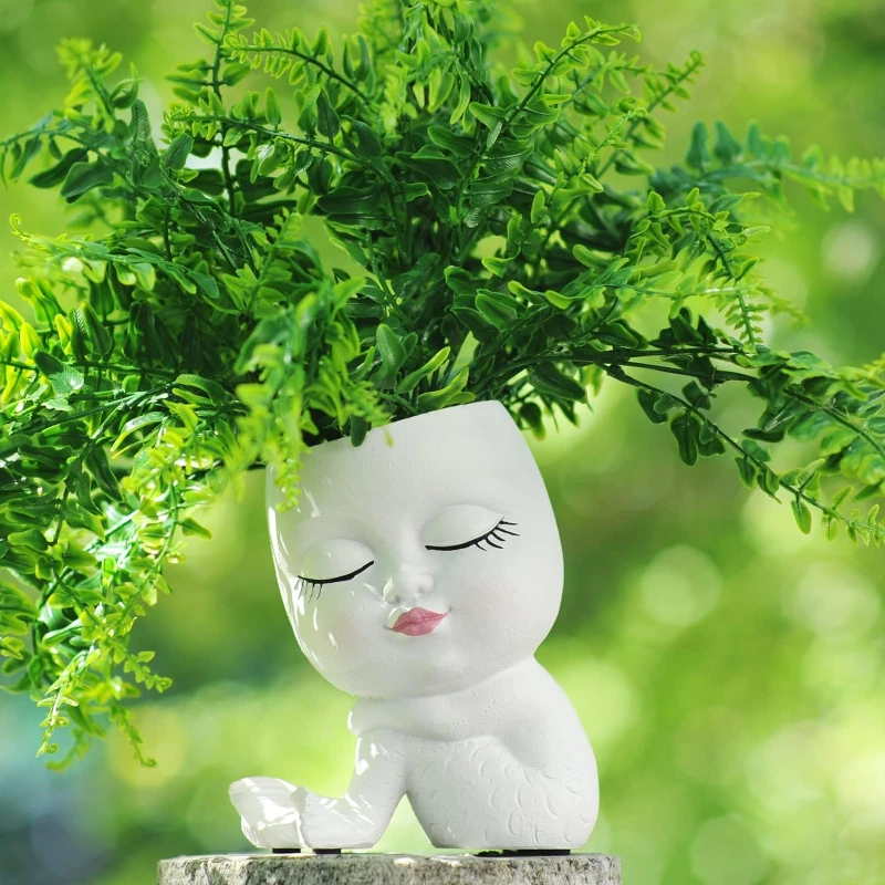 Mermaid Girl Face Head Flower Pot Resin Modern Plant Women Human Flowerpot Desktop Room Decoration Garden Pots & Planters