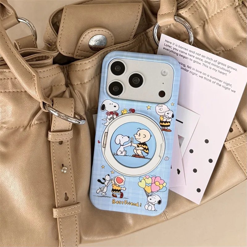 Kawaii Cartoon Snoopy Charlie Brown Woodstock Ballon Handyhülle für iPhone 15 16 17 18 Pro Max mit 360-Grad-Drehhalterung