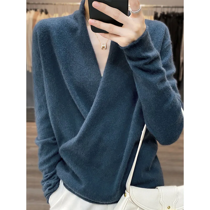 Autumn And Winter New Women\'s Big V-Neck Kimono Pure Wool Knitted Pullover Retro Fashion Loose Trendy Korean Version Rolled Top