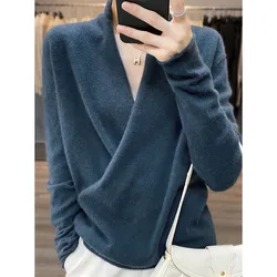 Outono E Inverno Novas Mulheres Big V-Neck Kimono Pura Lã De Malha Pullover Retro Moda Solta Na Moda Versão Coreana Rolled Top