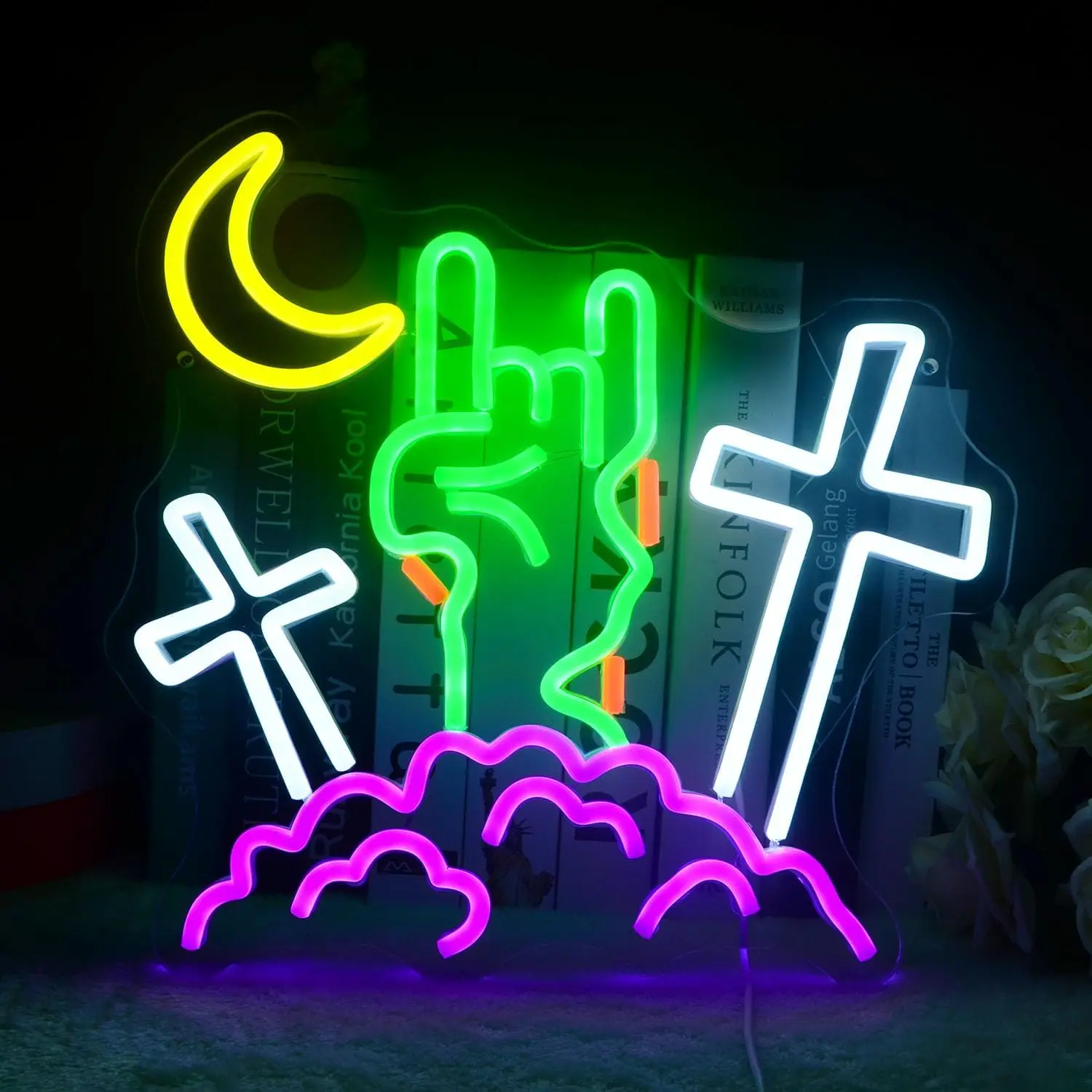 Tombstone Cross Moon LED Neon Sign Dimmable USB Wall Light for Halloween Party Bar Game Room Man Cave Bedroom Wall Decor Gift