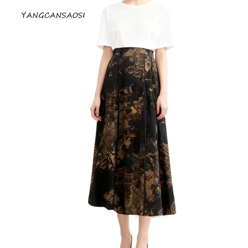 

2025 Women's Fashion Autumn Clothing Heavy 100% Natural Mulberry Silk Gambiered Guangdong Gauze Black Printed Big Swing Skirt