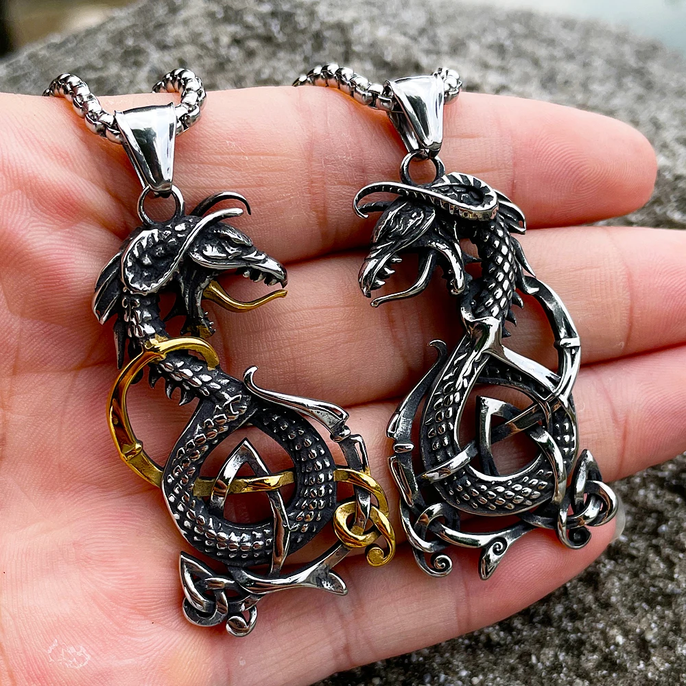 Vintage Viking Dragon Necklace Pendant Men Fashion Amulet Norse Odin Celtic Necklace Stainless Steel Chain Jewelry Accessories