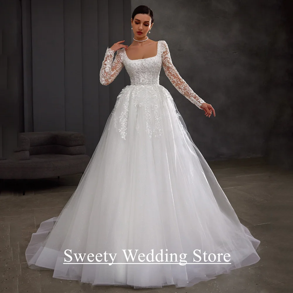 Abito da sposa donna Abiti da sposa Maniche lunghe personalizzate Collo quadrato Perline Applique Glitter Tulle Abito da sposa linea A