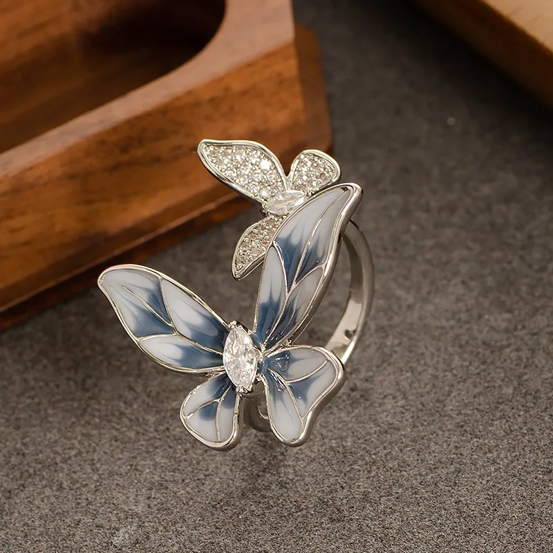 

Literary style small fragrance set with diamonds and zircon oil dripping double butterfly adjustable open ring high-end commuter