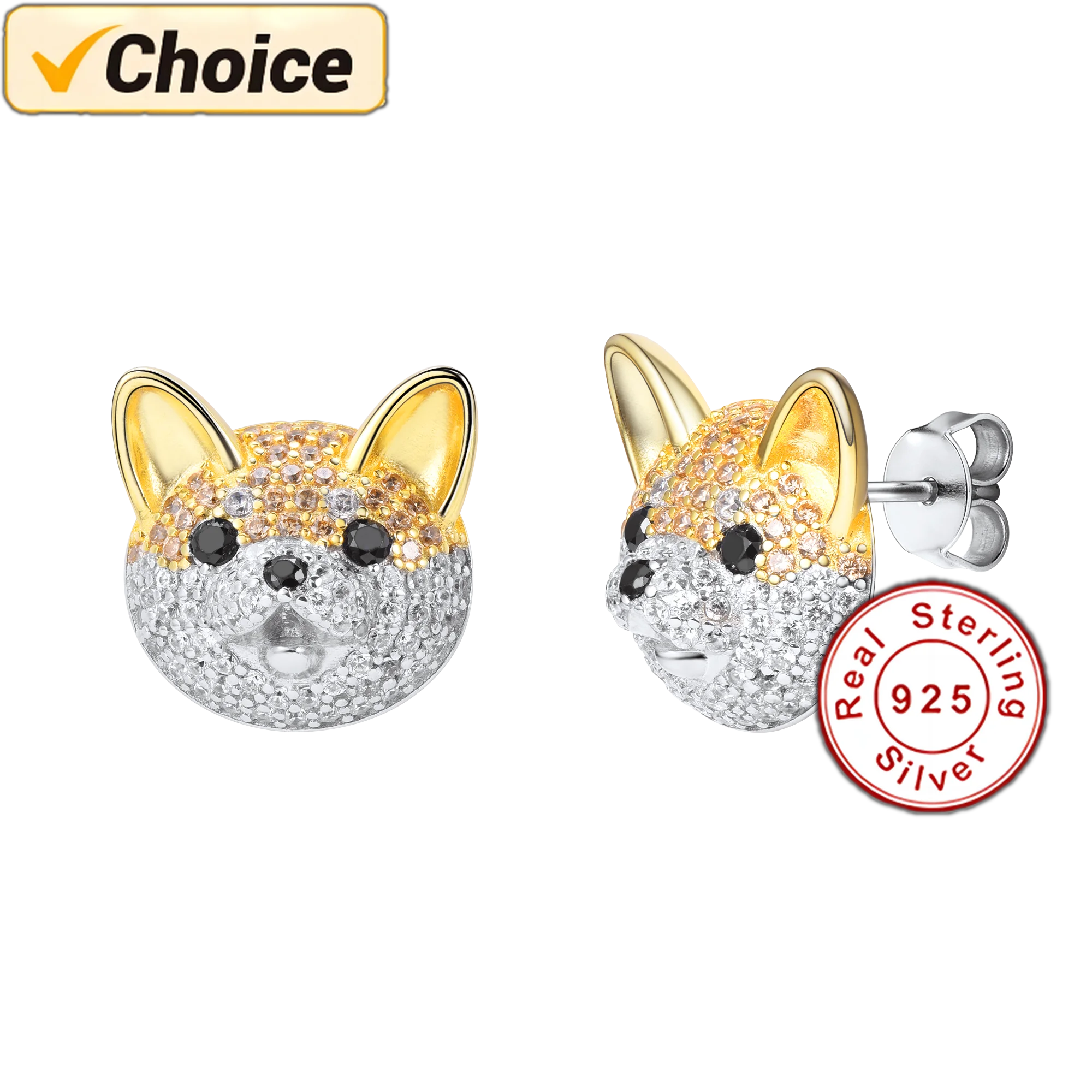 

925 Sterling Silver Akita Healing Smile Stud Two-Tone Style Cubic Zircon and 18K Gold Plated Shining Adorable Animal Earrings