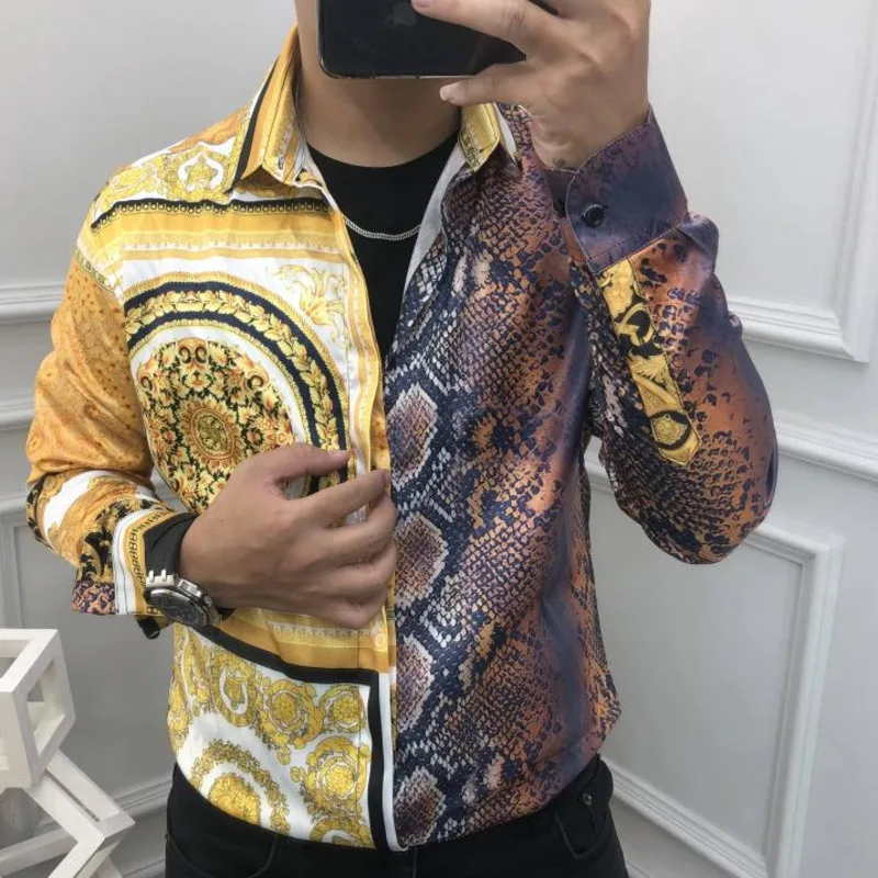 Fall  Gold Snake Stitching Printing Dress Shirts Luxury Baroque Long Sleeve Black Gold Palace Shirt FlowerSocial Slim Shirt Men