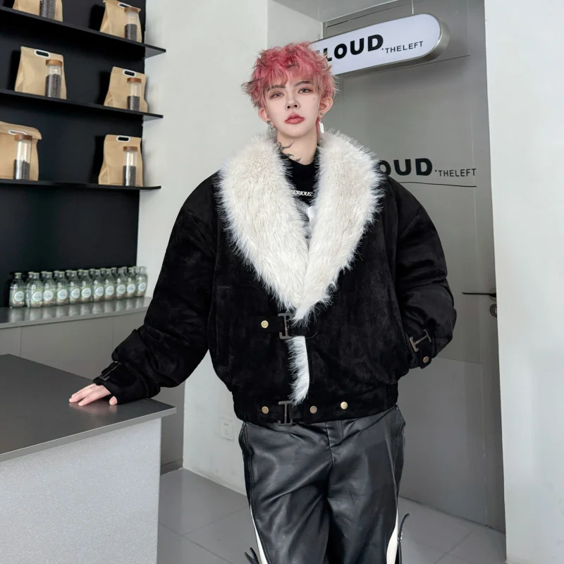 

Trendy Winter Jaet Men's Suede Velvet Coat with Big Fur Collar Cotton Warmth Sli Casual Long Sve Cleanfit Button