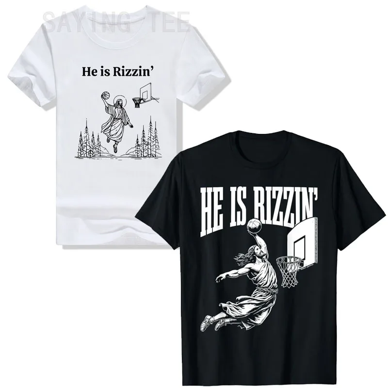 

He Is Rizzin Easter Jesus Basketball Christian Religious T-Shirt Basketball Lover Short Sleeve Faith Graphic Tee Novelty Gifts