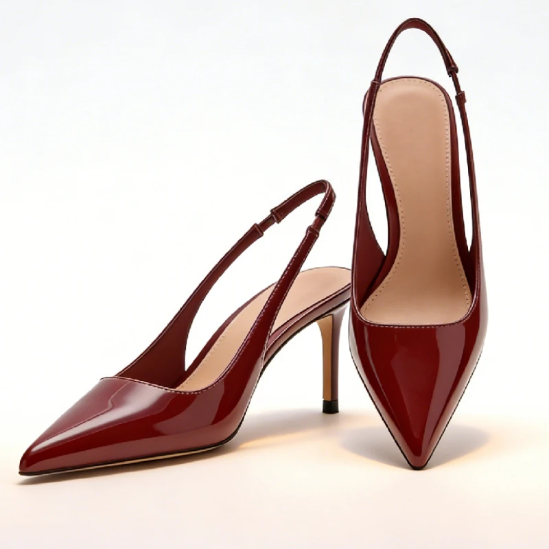 

Luxury Burgundy Patent Leather Slingback Heels Ladies Sexy Pointed Toe Back Straps Designer Heeled Sandals Wedding Bride Pumps