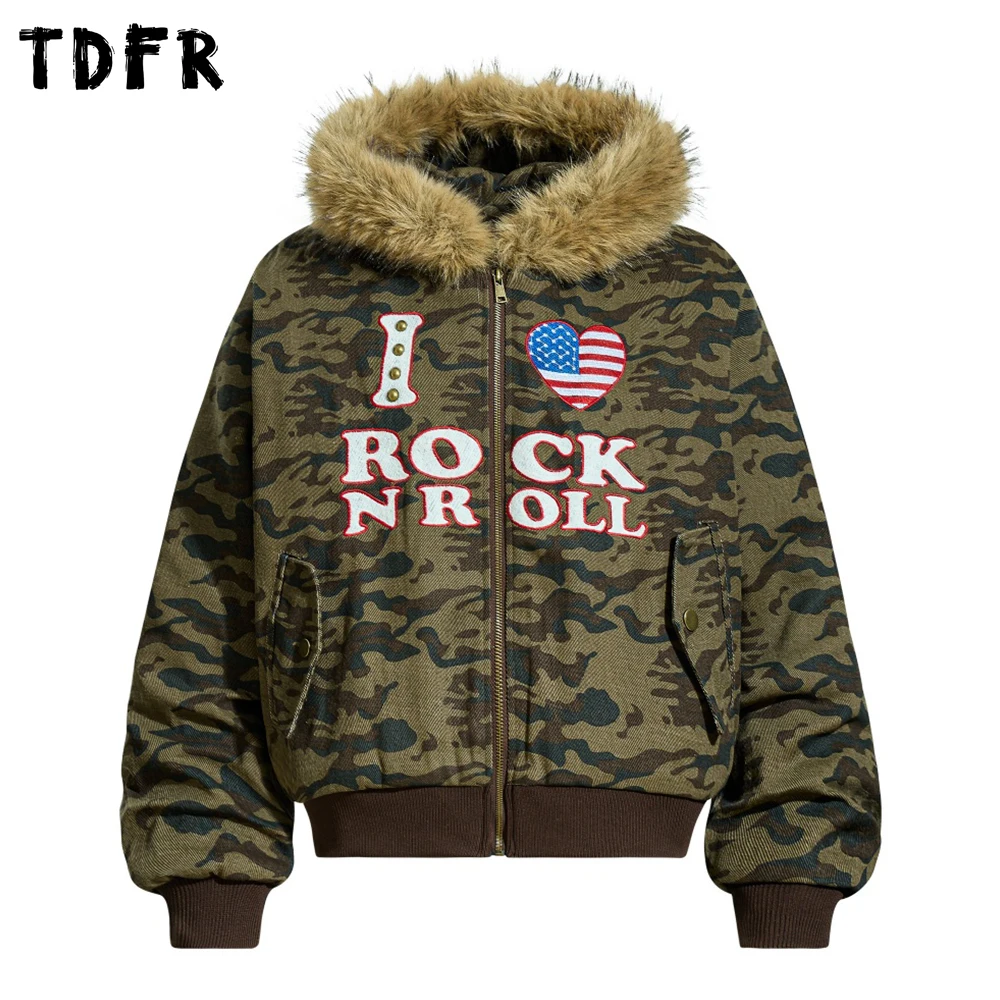 

Letter Embroidery Camouflage Quilted Jacket Mens Pocket Winter Thick Retro Casual Long Sleeve Hooded Padded Jacket Man