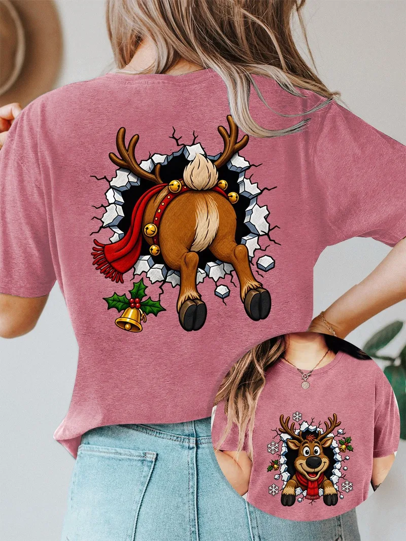 Christmas Funny double-sided reindeer Printed Women's T Shirt Fashion Casual O-neck Short Sleeve T-Shirt Festival X'mas Clothing