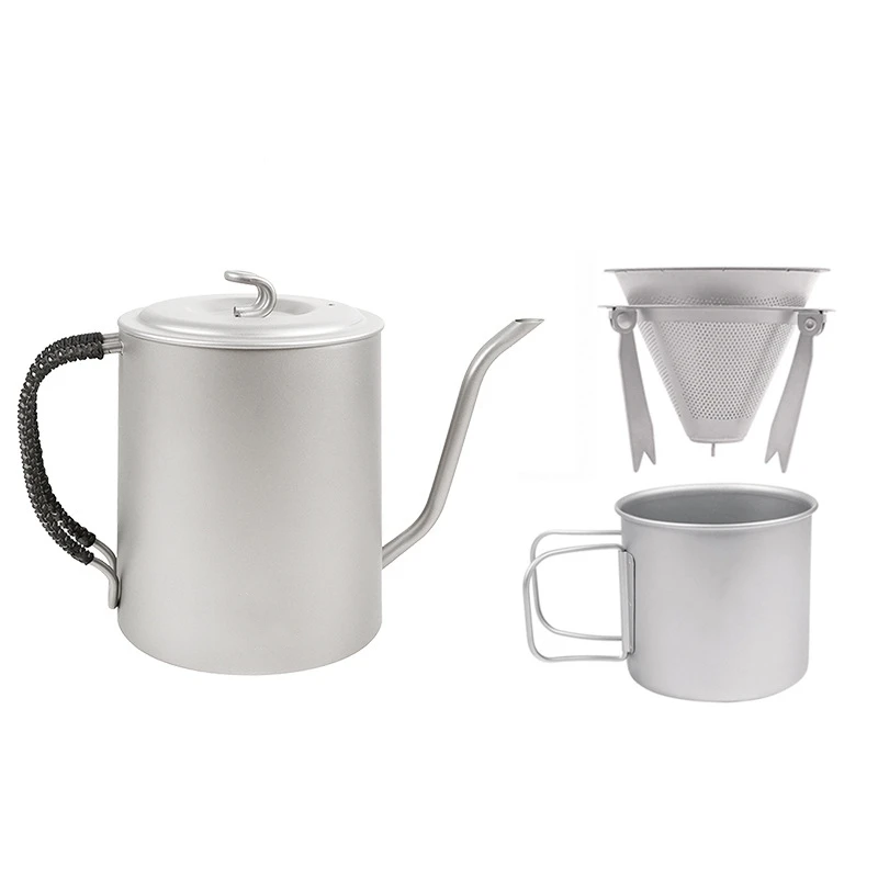 Pure Titanium Handmade Long Mouthed Fine Mouthed Coffee Pot Set Outdoor Drip Filter Coffee Pot Portable Camping Tableware Set