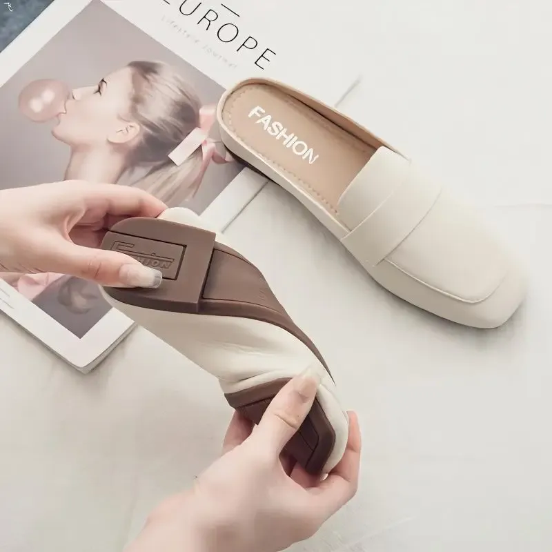  Baotou Half Slippers Women 2024 New Fashion Flat Soft Leather Slip-on Lazy Soft Sole Flat Shoes Zapatos Mujer   Women Shoes 