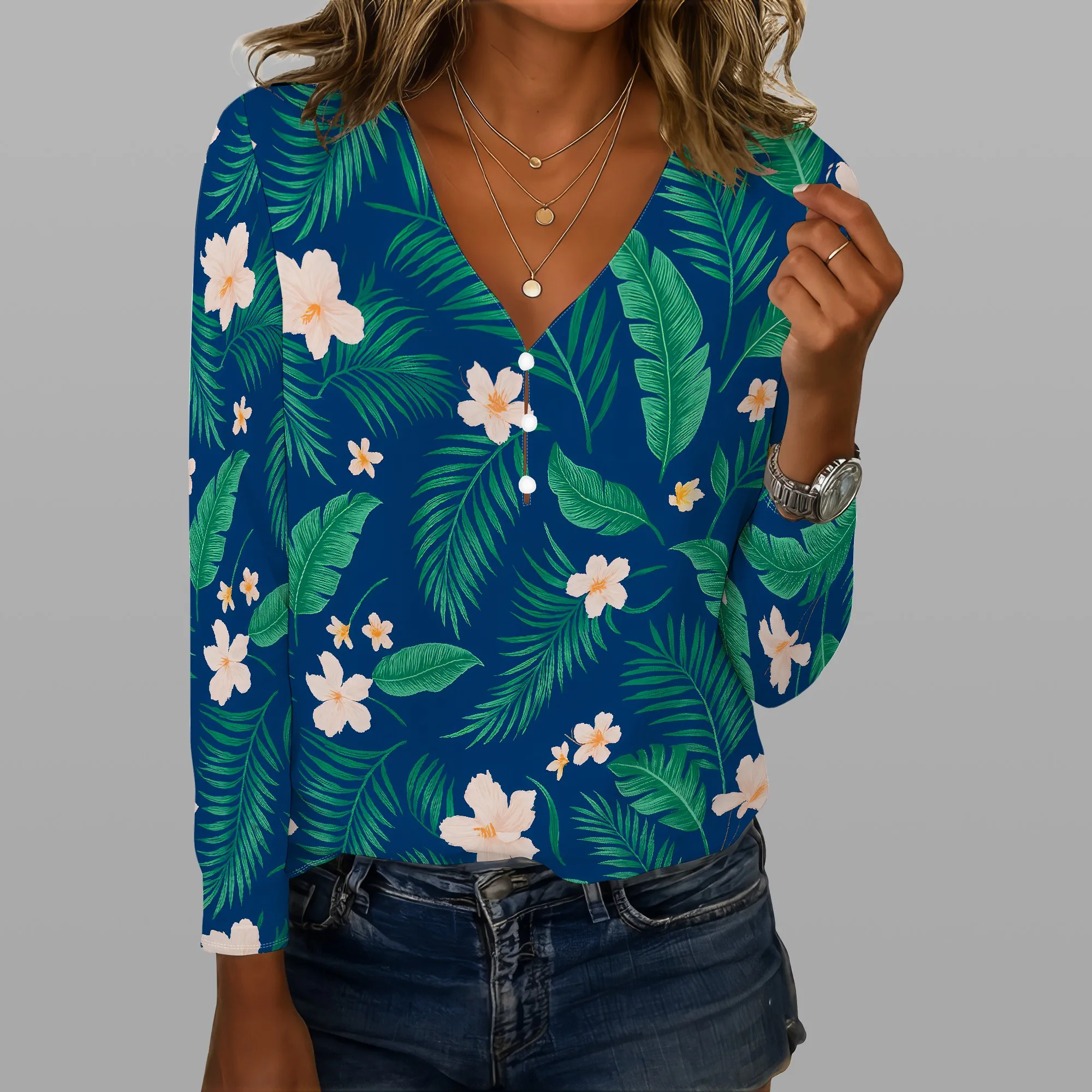Camicette da donna con stampa floreale Boho per donna Camicetta casual elegante con bottoni Camicetta carina con scollo a V Camicie a maniche lunghe Tunica