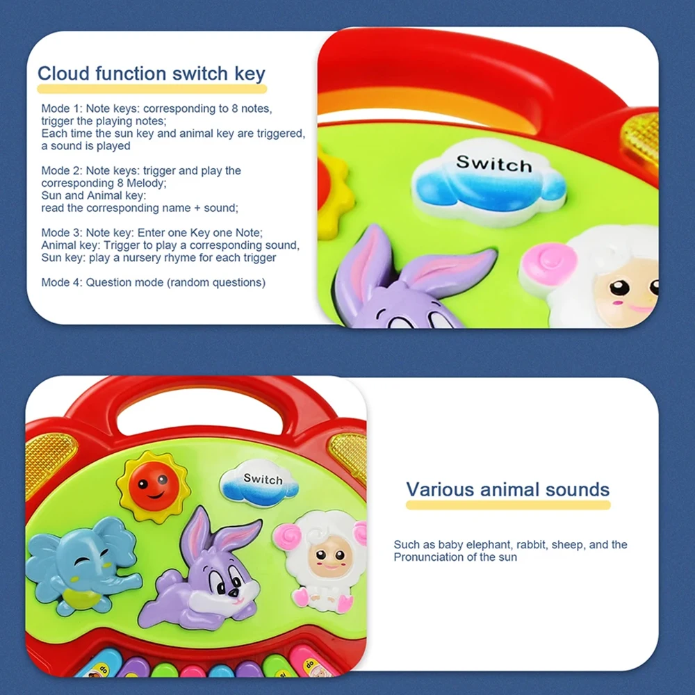 Juego de teclado de Piano de dibujos animados para niños con sonidos de animales luz intermitente música instrumento de bebé juguetes musicales juguetes educativos regalos para niños