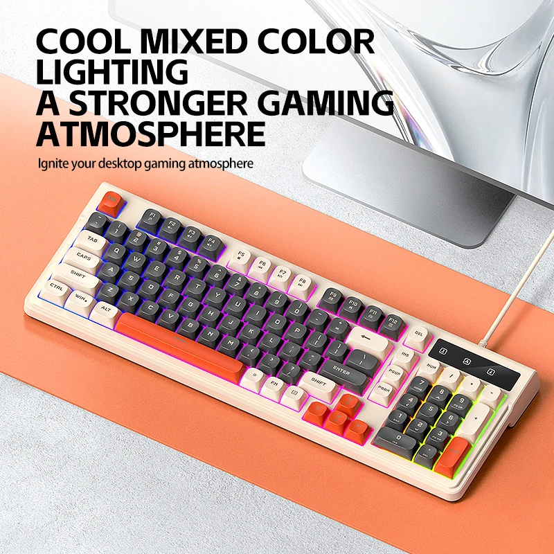 T-WOLF T13 3-Color Mixing RGB Wired Gaming Keyboard and Mouse Combo Set, 98 Keys Compact Layout, Three-Tone Keycaps, 19-Key Anti