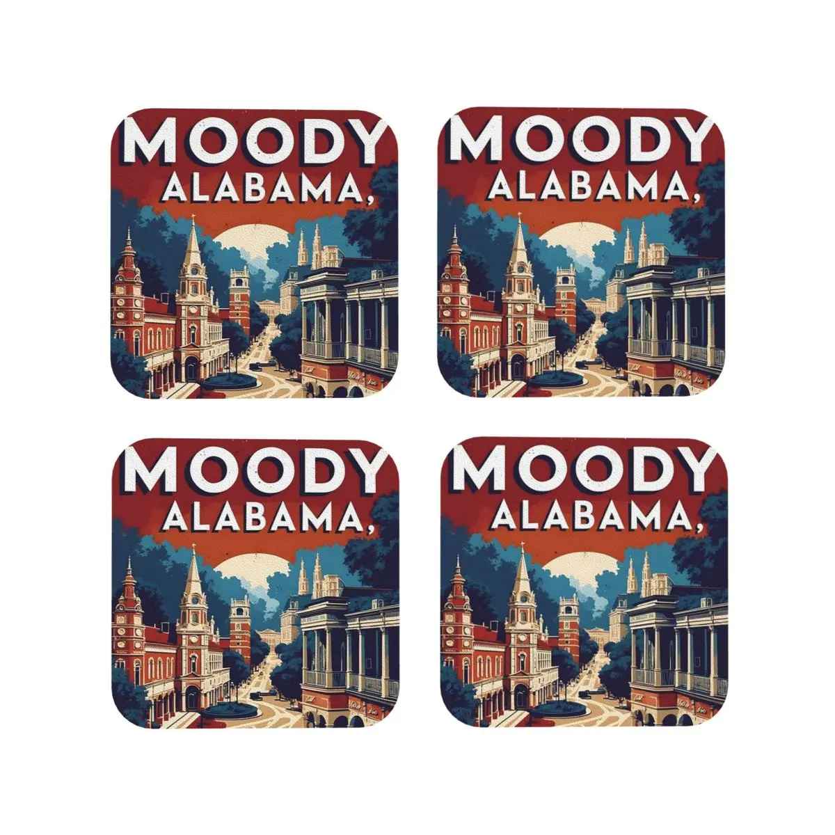 

Moody Alabama 1950s USA Travel Tourism Coasters Kitchen Placemats Insulation Cup Coffee Mats Home Tableware Pads Set of 4