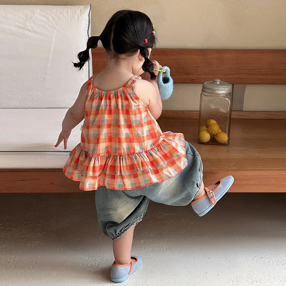 2026 New Baby Girls Summer Plaid Slip Dress Cute Sleeveless Spaghetti Strap Dress Thin Soft Casual Toddler Outdoor Daily Wear