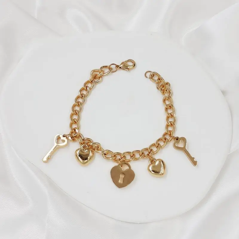 Vintage Stainless Steel Heart Lock Key Charms Bracelet for Women Gold Jewelry