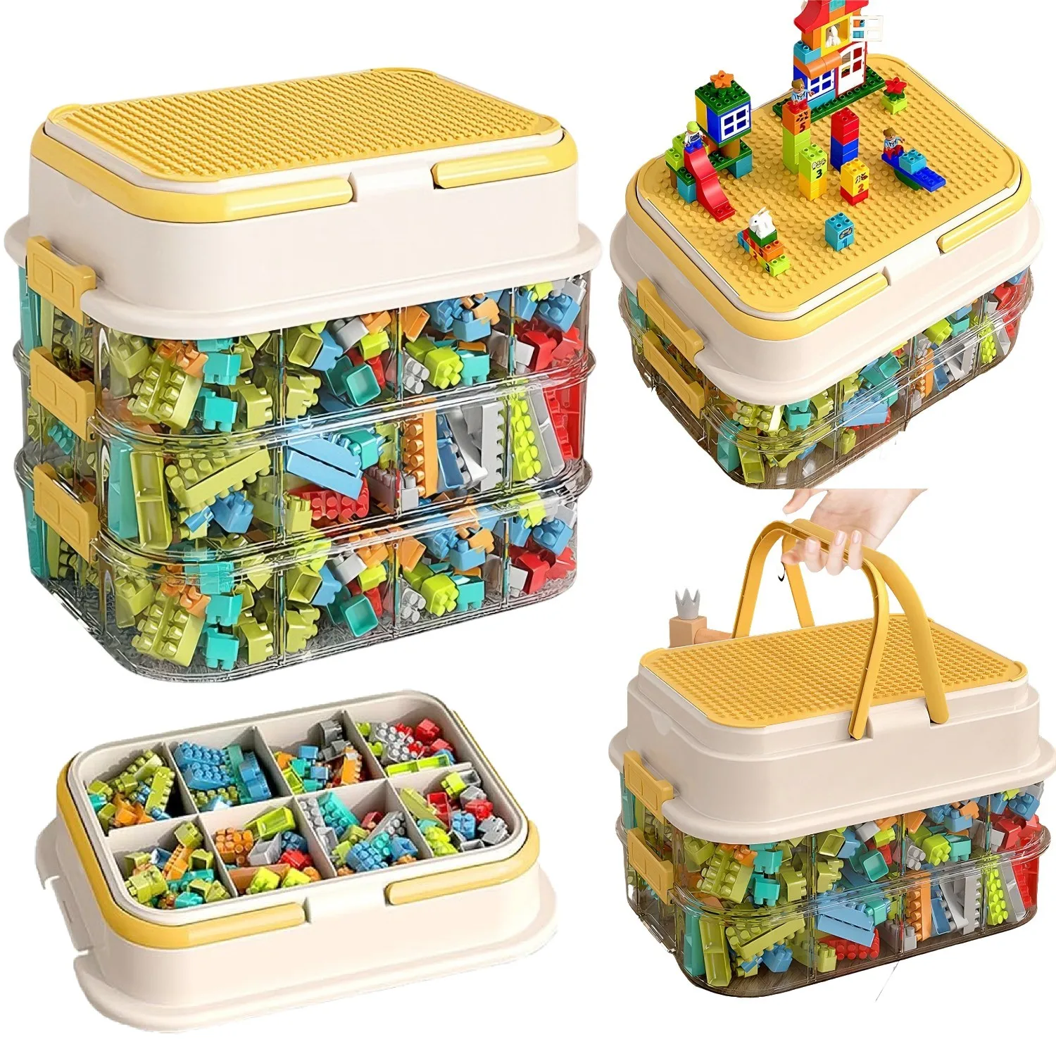 Scatola portaoggetti a 3 livelli, impilabile, per organizzare e riporre i mattoncini Lego, con scomparti rimovibili e coperchio.