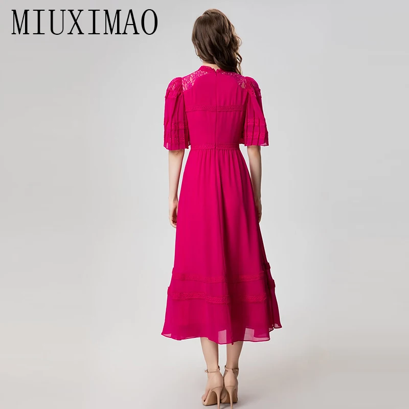 MIUXIMAO 2024 Summer New Style Elegant Pretty Dress Women Solid O-Neck Short Sleeve Lace Travel Slim Long Dress Vestides