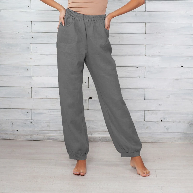 Pantalon Long en Coton et Lin pour Femme, Vêtement Simple et Élégant, Couleur Unie, Confortable, FJHomewear, à Ceinture artificiel astique, à la Mode