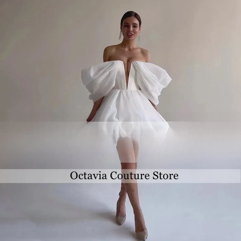 

White Short Wedding Dresses Puffy Off Shoulder Bride Dress Lace Up A Line Evening Party Gowns Cocktail Dresses for Women