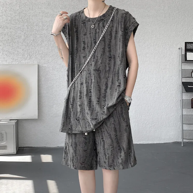 

Summer Set Men Fashion Black Ripped Vest Shorts Two-piece Sets Men Streetwear Hip-hop Loose Hole Sets Man Hollow Out Set