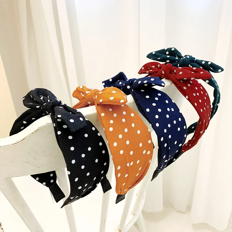 Chic Women Headpiece Wide Polk Dots Printed Cloth Knotted Headbands Lady Girls Super Cute Bunny Knot Hair Hoop Accessories