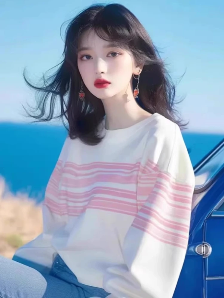 

Корейские модные толстовки с круглым вырезом и длинными рукавами в полоску, весенне-осенние толстовки в консервативном стиле, универсальная повседневная свободная женская одежда