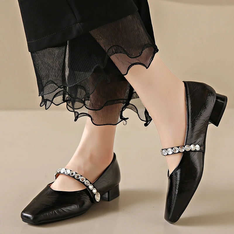 スクエアトゥローヒールクリスタル装飾ファッションレディースシューズ浅い口セクシーでエレガントなカジュアル女性パーティー快適なローヒール