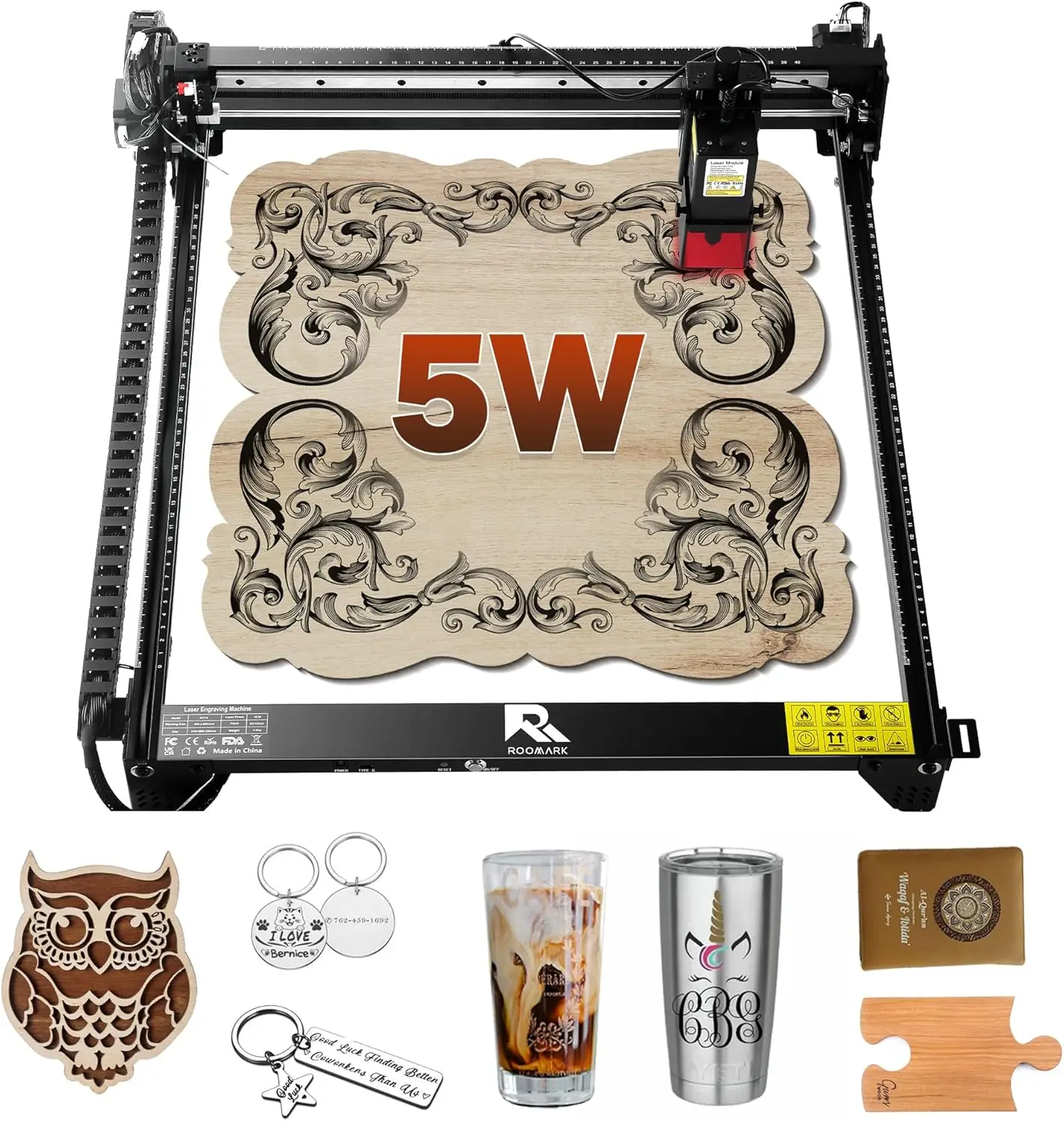 Roomark Laser Engraver Machine, 5 W Output Power High Precision Laser Cutter & Engraver for Wood Metal Acrylic Leather ，Class 4