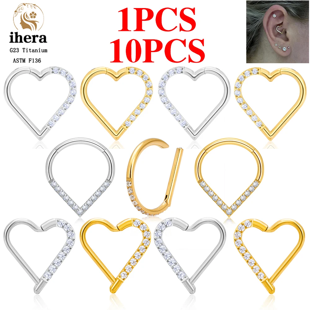 1/10PCS G23 Titanium Heart Earring Hoop 16G CZ Hinged Segment Ear Cartilage Tragus Helix Conch Daith Rings Body Piercing Jewelry