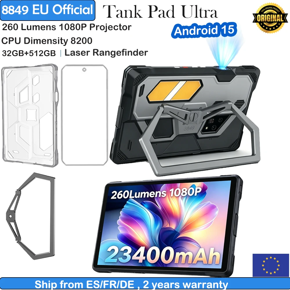 Tablette robuste Unihertz Projector 8849 Tank Pad Ultra, 260 Lumens, 1080P, 23400mAh, 5G, Android 15, Wifi, télémètre laser, 32+512 Go, Dimensity 8200, tablette intelligente, deux cartes SIM