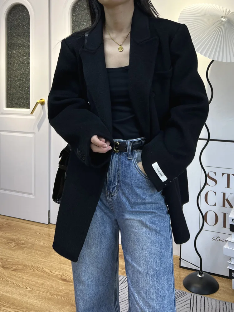 ダブルブレスト長袖ウールコート女性ファッション冬ハイエンド両面100％ウールコートショートソフトラペル