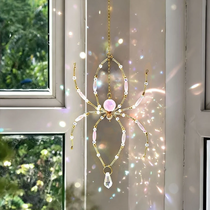 Hand Woven Spider Crystal Suncatcher Wind Chime Window Hanging Pendant Outdoor Yard Garden Decor Rainbow Maker Ornament